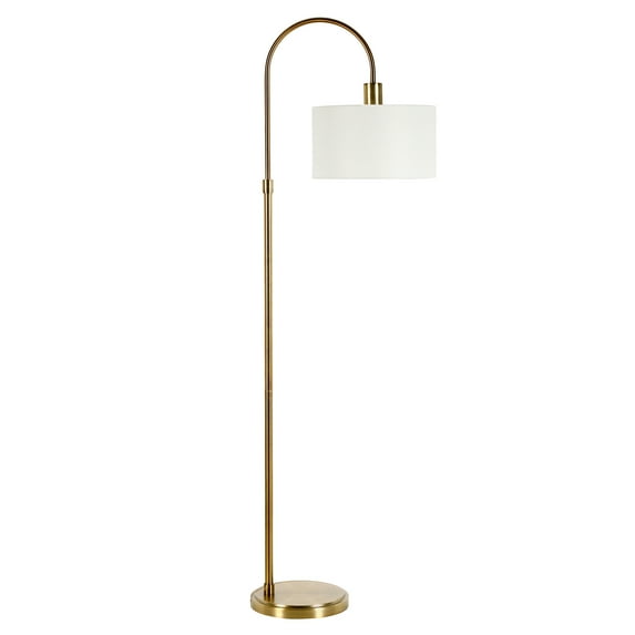 Evelyn&Zoe Veronica Arc Floor Lamp with Fabric Shade, Antique Brass/White