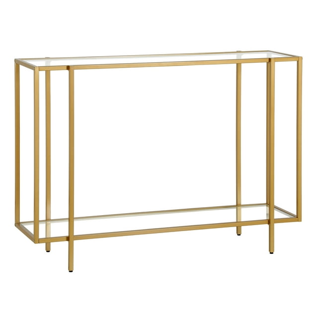 Evelyn&Zoe Vireo 42" Wide Rectangular Console Table with Glass Shelf, Brushed Brass