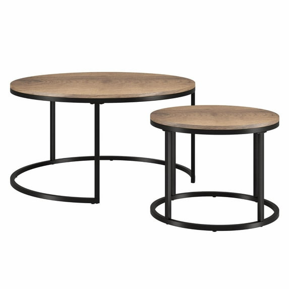 Evelyn&Zoe Watson Round Nested Coffee Table with MDF Top in Blackened Bronze/Rustic Oak
