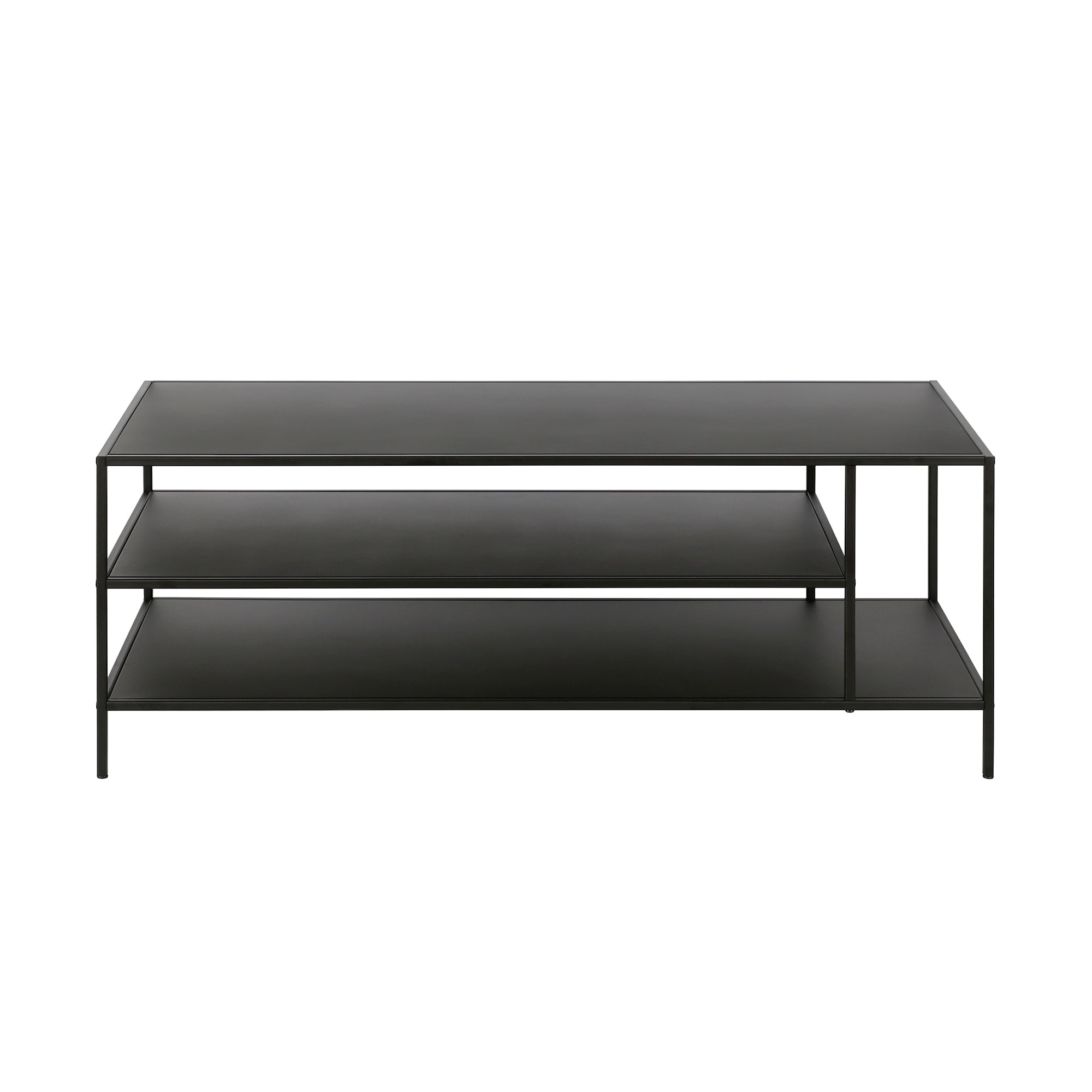 Modern Rectangular 46'' Metal Coffee Table with Glass Shelves in Blackened Bronze