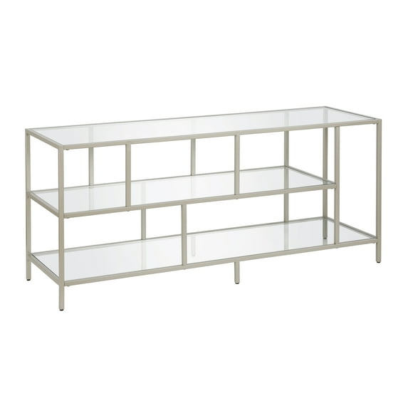 Evelyn&Zoe Winthrop Rectangular TV Stand with Glass Shelves for TV's up to 60" in Satin Nickel
