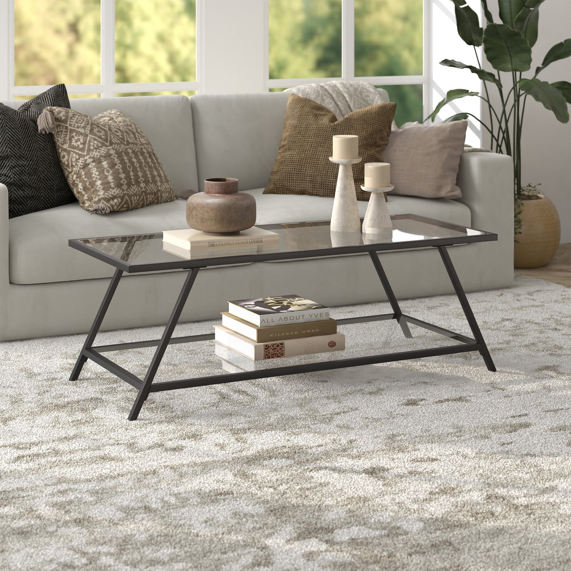 Blackened Bronze 48" Rectangular Metal & Glass Coffee Table with Shelf