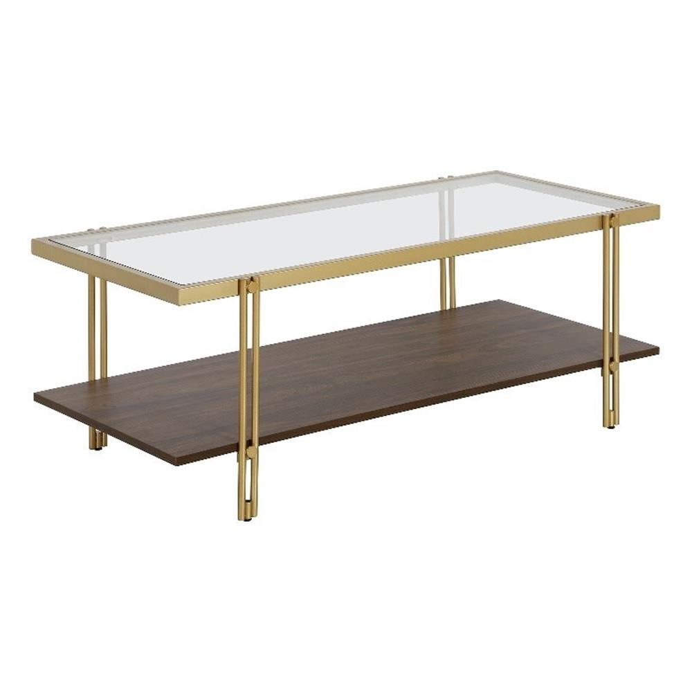 Brass & Walnut Rectangular Coffee Table with Glass Top & Storage Shelf