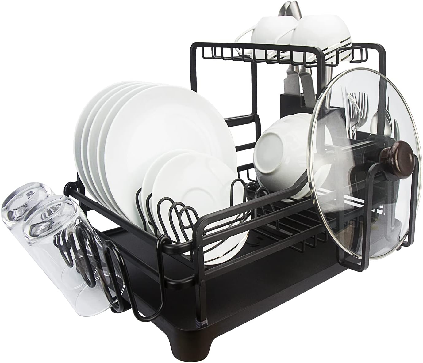 Evelyne GMT-10353-A Black Aluminum Dish Drying Rack with Utensil Holder ...
