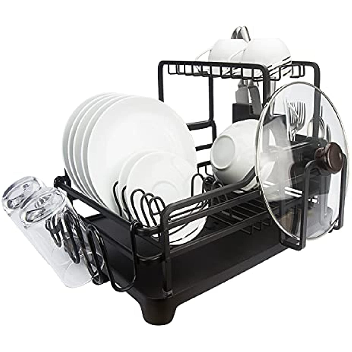 Evelyne GMT-10353-A Black Aluminum Dish Drying Rack with Utensil Holder - 2 Tier Kitchen Countertop Rust Proof Dish Rack and Drainboard Set - Large Dish Organizer Rack