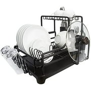 Evelyne GMT-10353-A Black Aluminum Dish Drying Rack with Utensil Holder - 2 Tier Kitchen Countertop Rust Proof Dish Rack and Drainboard Set - Large Dish Organizer Rack
