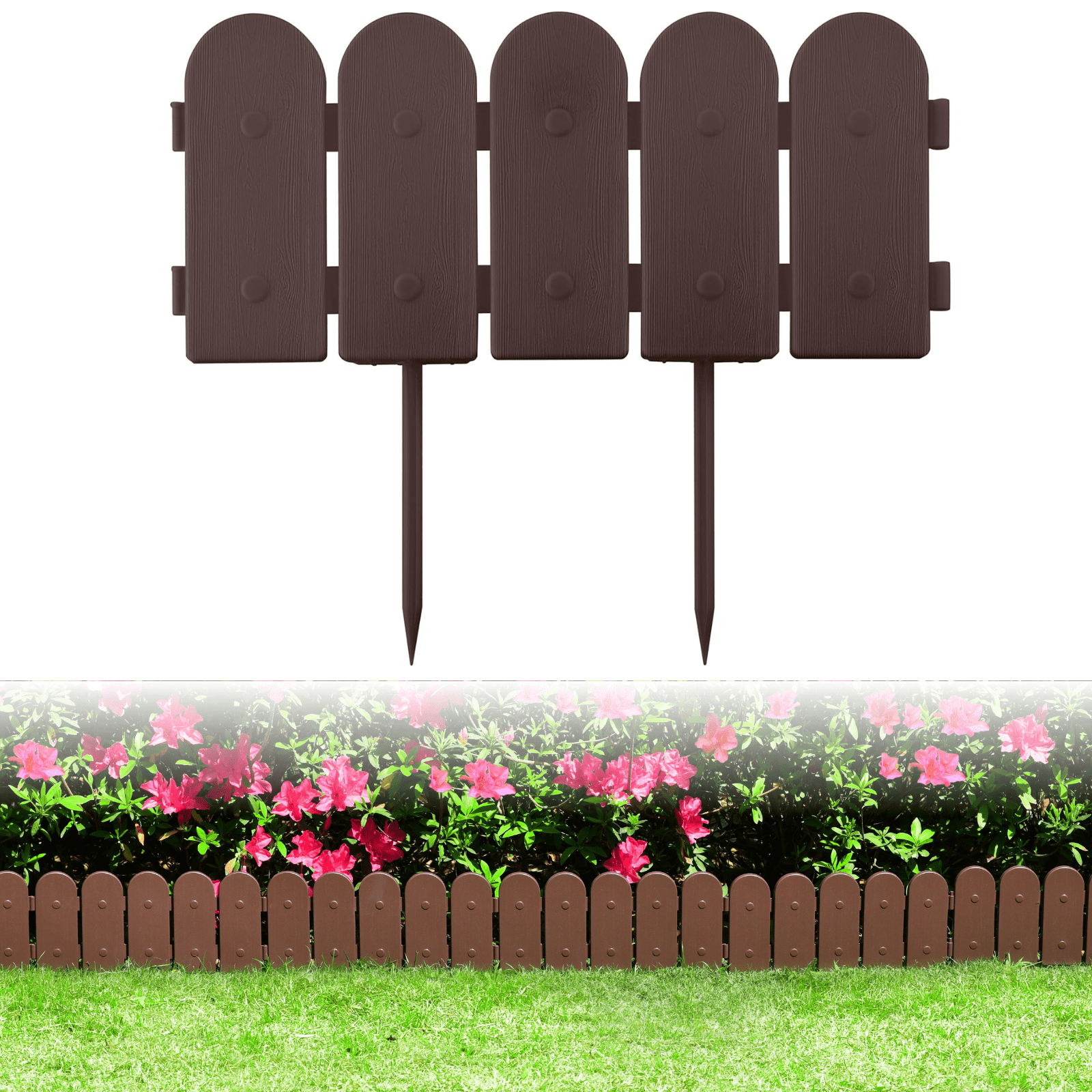 Evelyne Garden Border Edging: Wooden Fence Design - 8pcs Brown Yard Landscaping Fence Liner Lawn Edge Barrier - 10ft Kit of Decorative Lawn Landscape Panels Elements - GMT-10374-A08