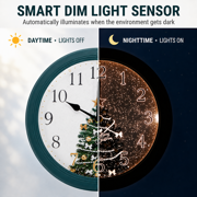 Evelyne LED Round Wall Clock - 12.5" Christmas Tree Style Dial, Battery Operated, Night-time Sensor - Easy-to-Read Analog for Bedroom, Office & Living Room