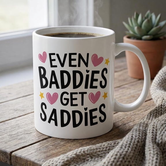 Even Baddies Get Saddies Mug Ceramic Coffee Cup, B1Old Lettering Hear Stars