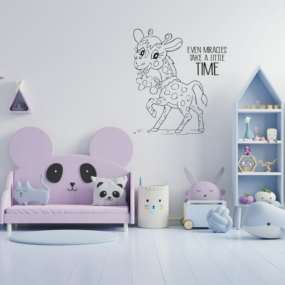 Even Miracles Take A Little Time Life Quotes Cute Little Baby Giraffe Smiling Playing Design Vinyl Wall Art Sticker Decal Home Kids Nursery Study Room Boys Girls Wall Décoration Decor Size(40x40 inch)