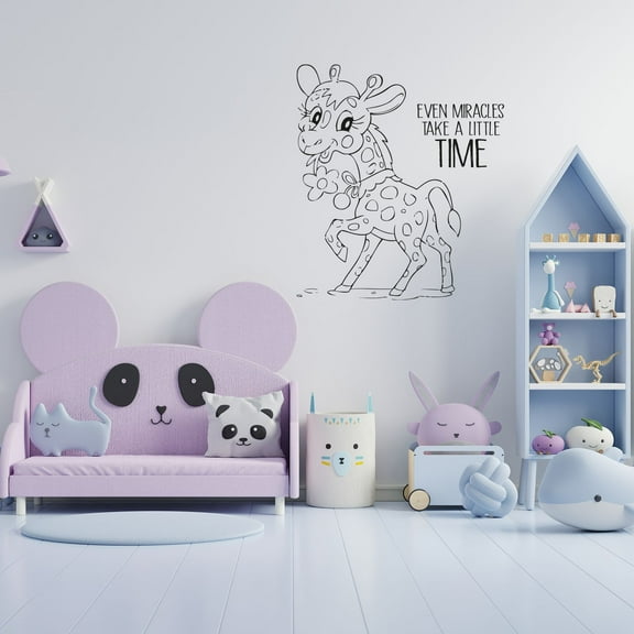 Even Miracles Take A Little Time Life Quotes Cute Little Baby Giraffe Smiling Playing Design Vinyl Wall Art Sticker Decal Home Kids Nursery Study Room Boys Girls Wall Décoration Decor Size(10x10 inch)