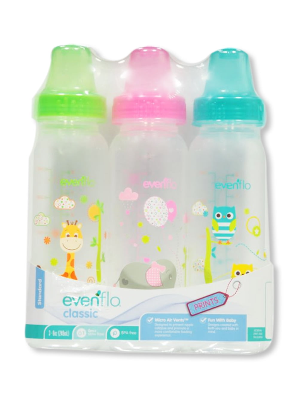 Evenflo Feeding Classic Tinted Plastic Standard Neck Bottles for Baby, Infant and Newborn, Pink/Lavender/Teal, 8 Ounce (Pack of 12)