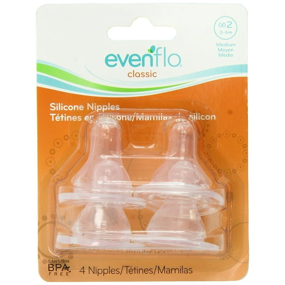 Evenflo 4 Pack Classic Silicone Nipple, Medium Flow (3-6 months)