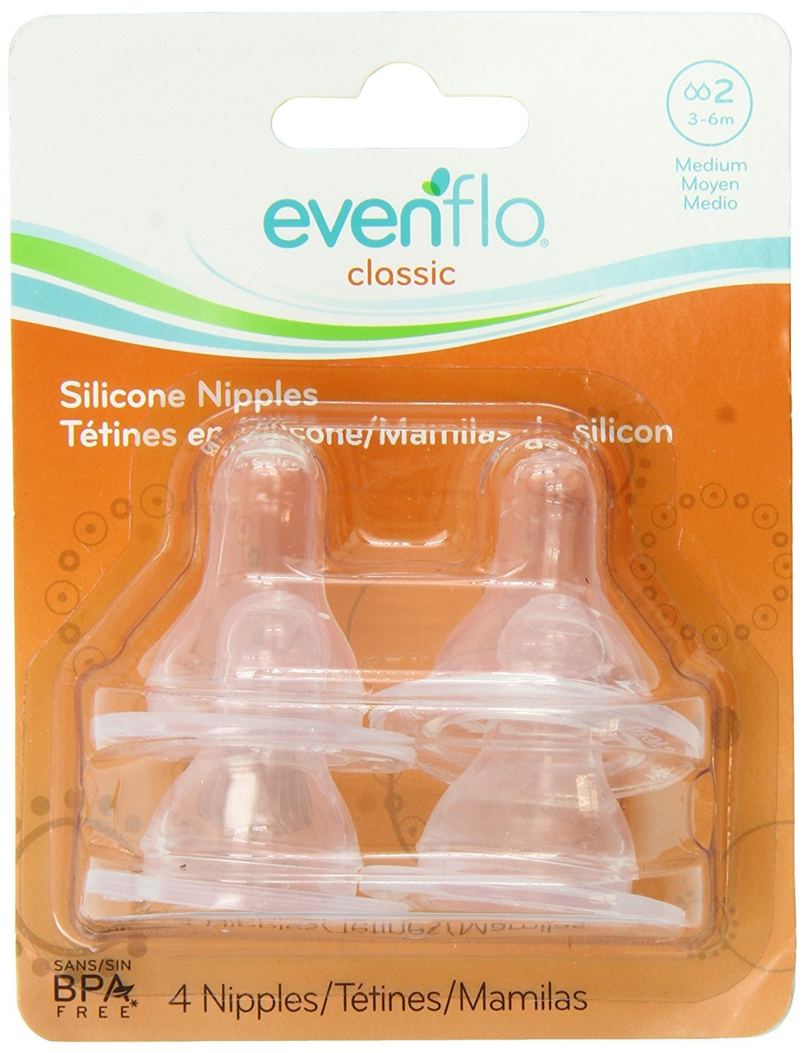 Evenflo 4 Pack Classic Silicone Nipple, Medium Flow (3-6 months) - image 1 of 3