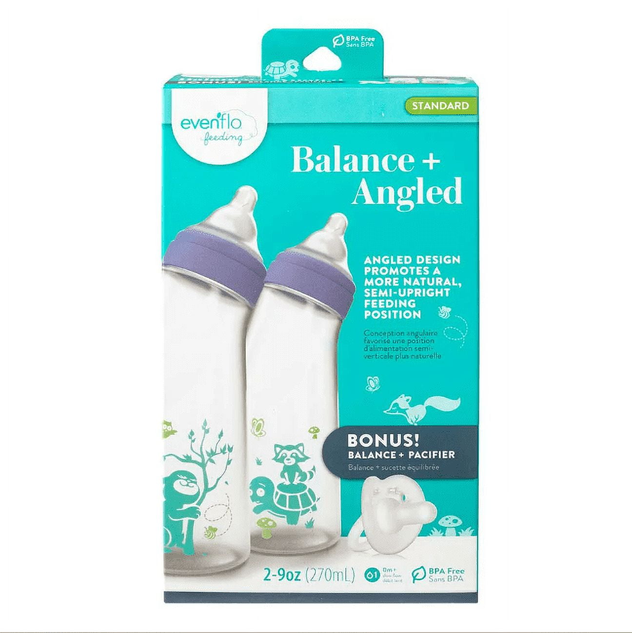 Evenflo Feeding Balance+ Angled Bottle 9 Oz 2Pack with Pacifier