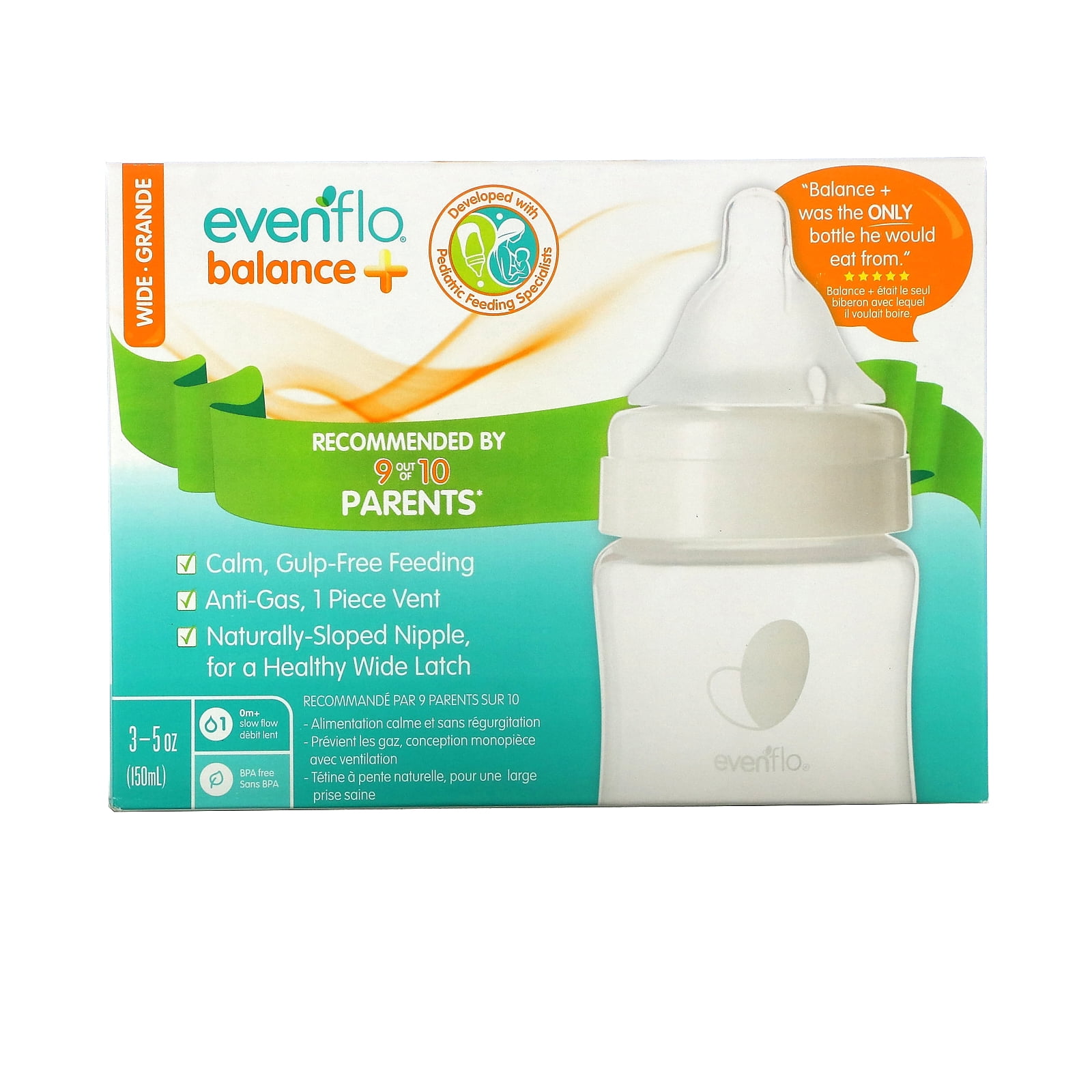 Evenflo Feeding Balance+ Bottles, Wide, 0+ Months, Slow Flow, 3 Bottles, 5  oz (150 ml) Each 