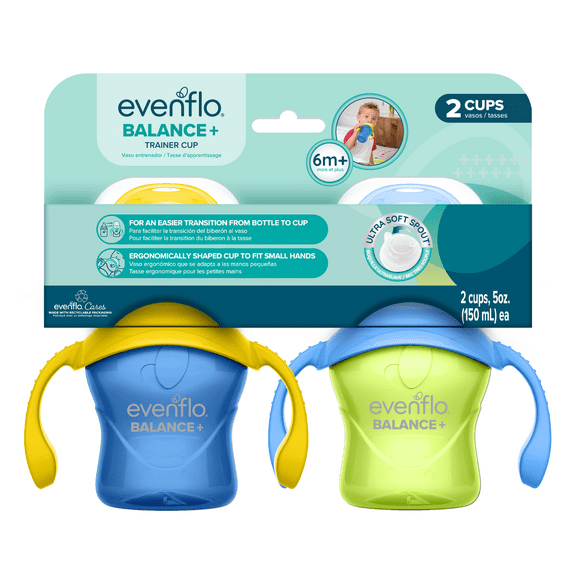 Evenflo Feeding 5oz Balance Cups, 2-Pack, Blue & Green, Baby Sippy Cups 6 Months+