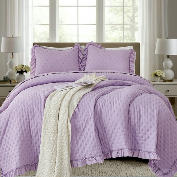 Evenhug 3-Piece King Quilt Set Soft Ruffled Bedding Set Lightweight Microfiber Ultrasonic Bedspread With Shams Suitable All Season(Purple,106"x96")