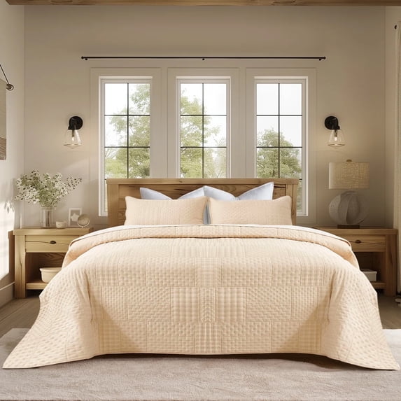 Evenhug 3-Piece Queen Quilt Set Soft Patchwork Pattern Bedding Set Lightweight Microfiber Ultrasonic Bedspread With Shams for All Season, Beige, 90"*92"