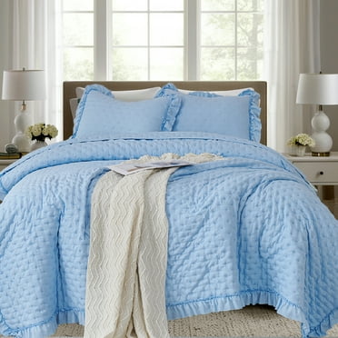 Evenhug 3-Piece Queen Quilt Set Soft Ruffled Bedding Set Lightweight Microfiber Ultrasonic Bedspread With Shams Suitable All Season(Blue,92"x96")