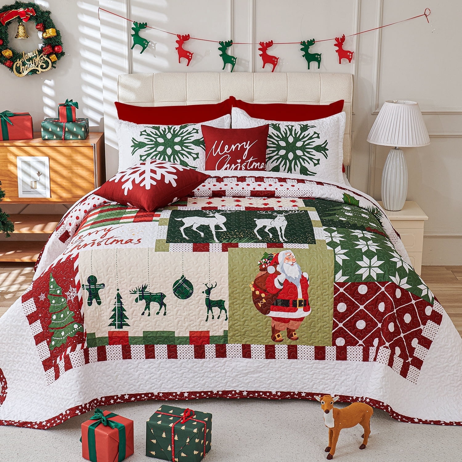 Evenhug Christmas Quilt Set,5-Piece Queen Size Christmas Santa Tree Elk Christmas Themed Patchwork Bedding Set Reversible Coverlet Set with 4 Pillow Shams