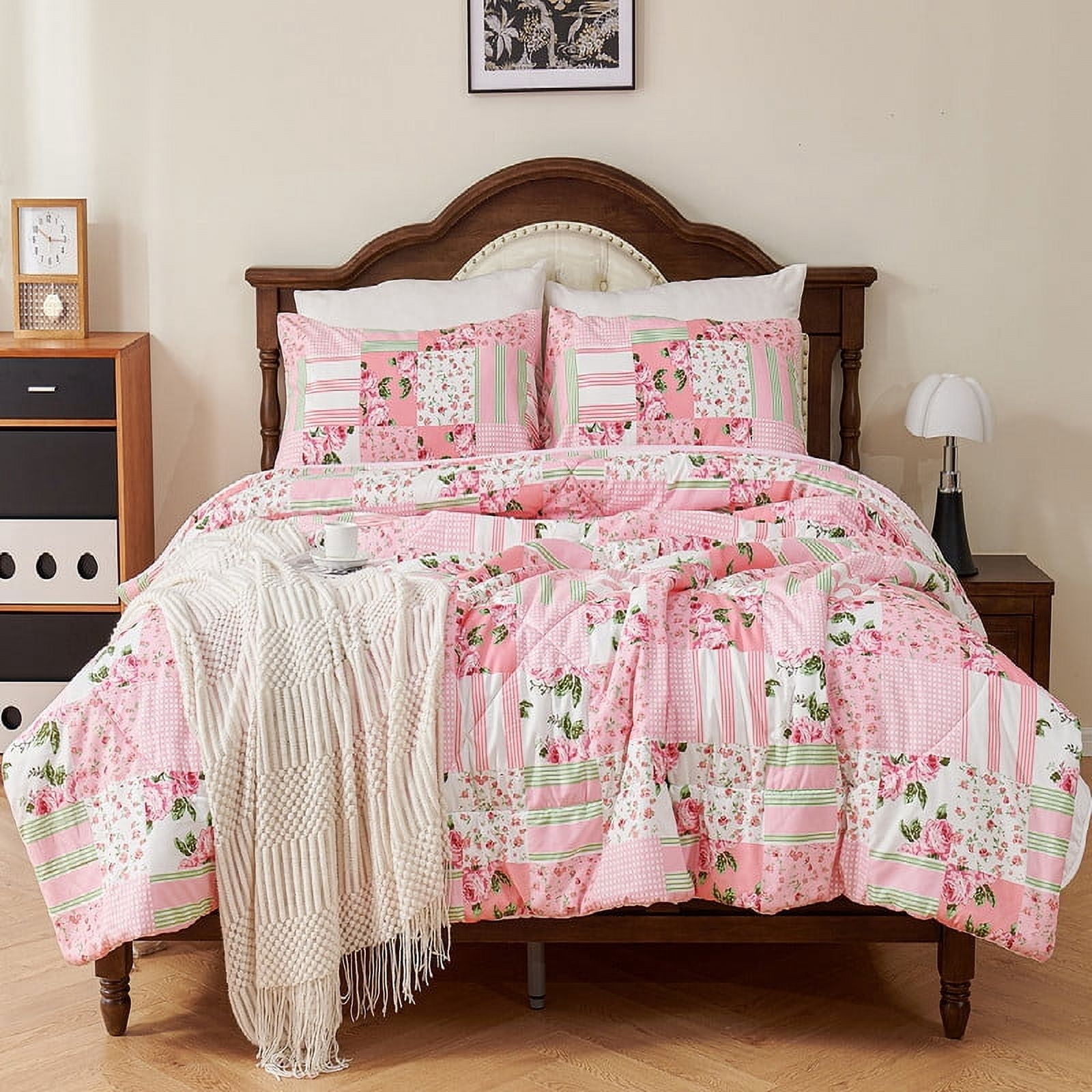 Evenhug Comforter 3-Piece King Pink Patchwork Floral Comforter Set With Pillowcases