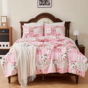 Evenhug Comforter 3-Piece Queen Pink Patchwork Floral Comforter Set With Pillowcases