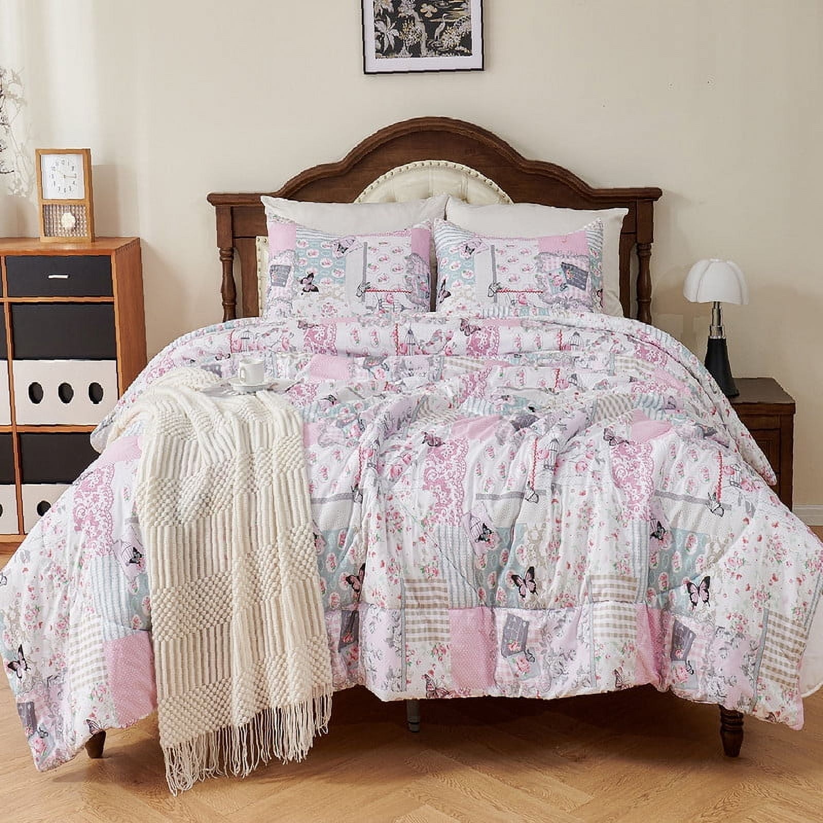 Evenhug Comforter 3-Piece Queen Purple Patchwork Floral Comforter Set With Pillowcases