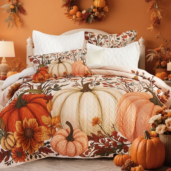 Evenhug Fall Harvest Pumpkin Quilt Set,3-Piece Queen Size Pumpkin Themed Bedding Set Reversible Coverlet Set with 2 Pillow Shams