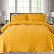 Evenhug Floral Embroidery Quilt Set,3-Piece King Diamond Floral Pattern Bedding Set,Soft Lightweight Bedspread for All SeasonGold,102"x90"
