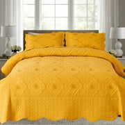 Evenhug Floral Embroidery Quilt Set,3-Piece Queen Diamond Floral Pattern Bedding Set,Soft Lightweight Bedspread for All Season(Gold,90"x90")