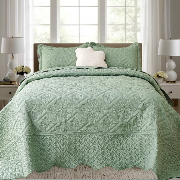 Evenhug Floral Embroidery Quilt Set,3-Piece Queen Diamond Floral Pattern Bedding Set,Soft Lightweight Bedspread for All Season(Green,90"x90")