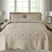 Evenhug Floral Embroidery Quilt Set,3-Piece Queen Diamond Floral Pattern Bedding Set,Soft Lightweight Bedspread for All Season(Taupe,90"x90")