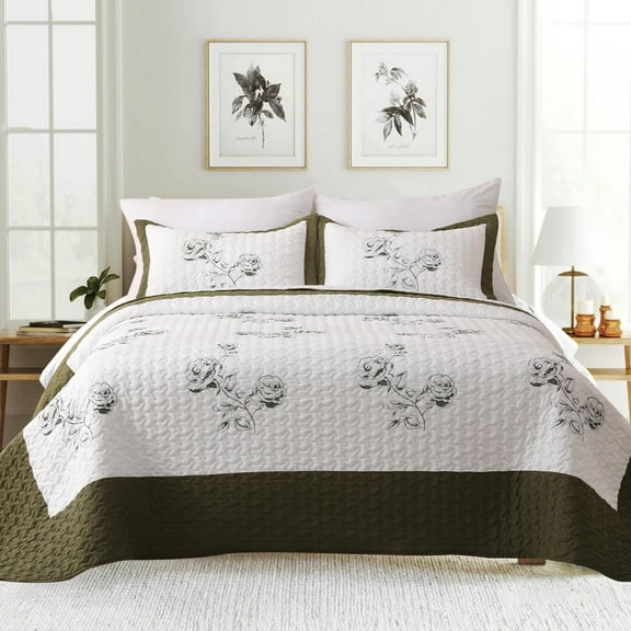 Evenhug 3-Piece Queen Floral Embroidery Quilt Set, Soft Lightweight Bedspread for All Season, Green