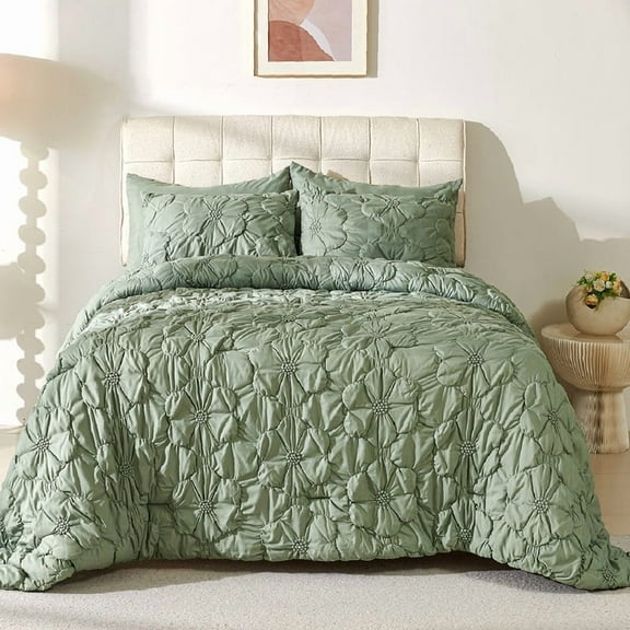 Evenhug Green Comforter - 7 Pieces Queen Pintuck Comforter Set,Floral Ruched Bedding Set with Comforter,Flat Sheet,Fitted Sheet and Pillow Shams(90"x90")