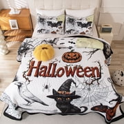 Evenhug Halloween Quilt Set,3-Piece Queen Size Bat Crow Pumpkin Halloween Themed Bedding Set Reversible Coverlet Set with 2 Pillow Shams