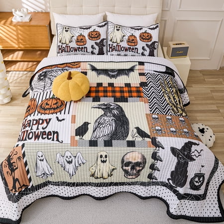 Evenhug Halloween Quilt Set,3-Piece Queen Size Black Cat Pumpkin Bat Spider Halloween Themed Patchwork Bedding Set Reversible Coverlet Set with 2 Pillow Shams