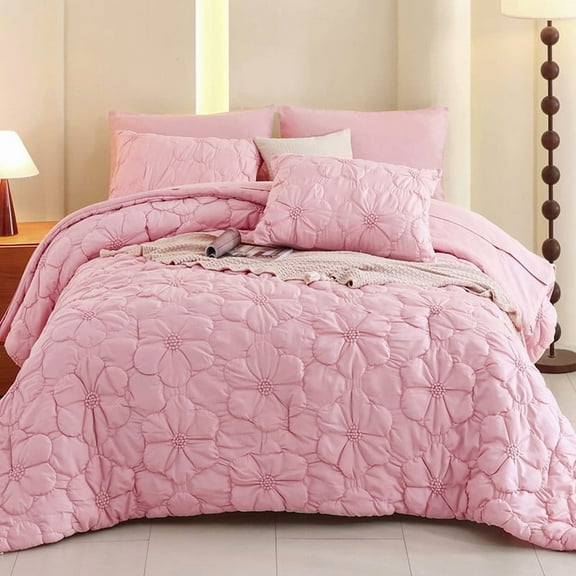 Evenhug Pink Comforter - 7 Pieces King Pintuck Comforter Set,Floral Ruched Bedding Set with Comforter,Flat Sheet,Fitted Sheet and Pillow Shams(104"x90")