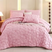 Evenhug Pink Comforter - 7 Pieces Queen Pintuck Comforter Set,Floral Ruched Bedding Set with Comforter,Flat Sheet,Fitted Sheet and Pillow Shams90x90