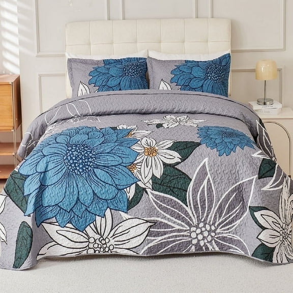 Evenhug Quilt Set 3-Piece Queen Blue Flower Bedding Set Microfiber Floral Quilt Bedding Set With 2 Pillow Shams