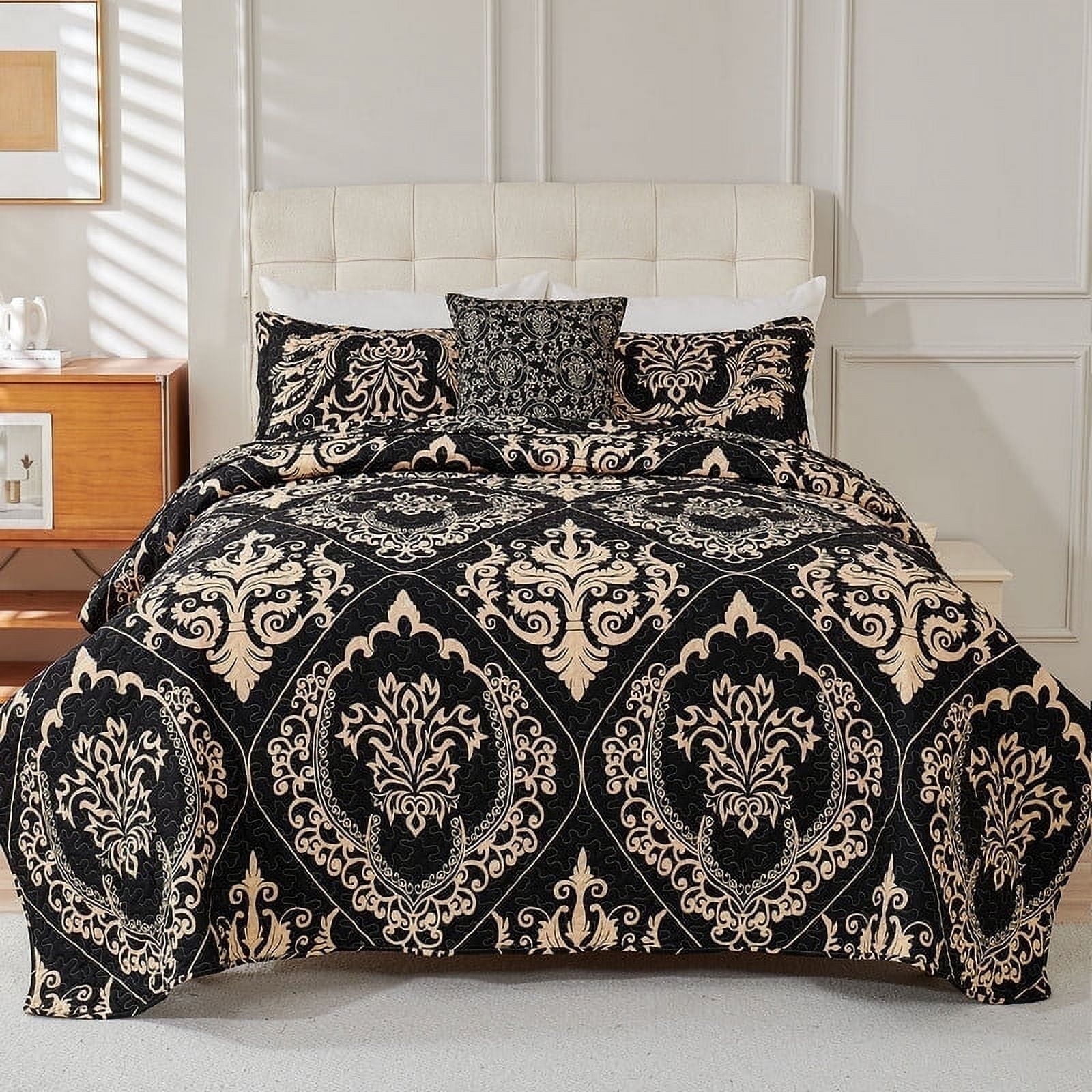 Evenhug Quilt Set 3-Piece Queen Damask Bedding Set Microfiber Floral Quilt Bedding Set With 2 Pillow Shams