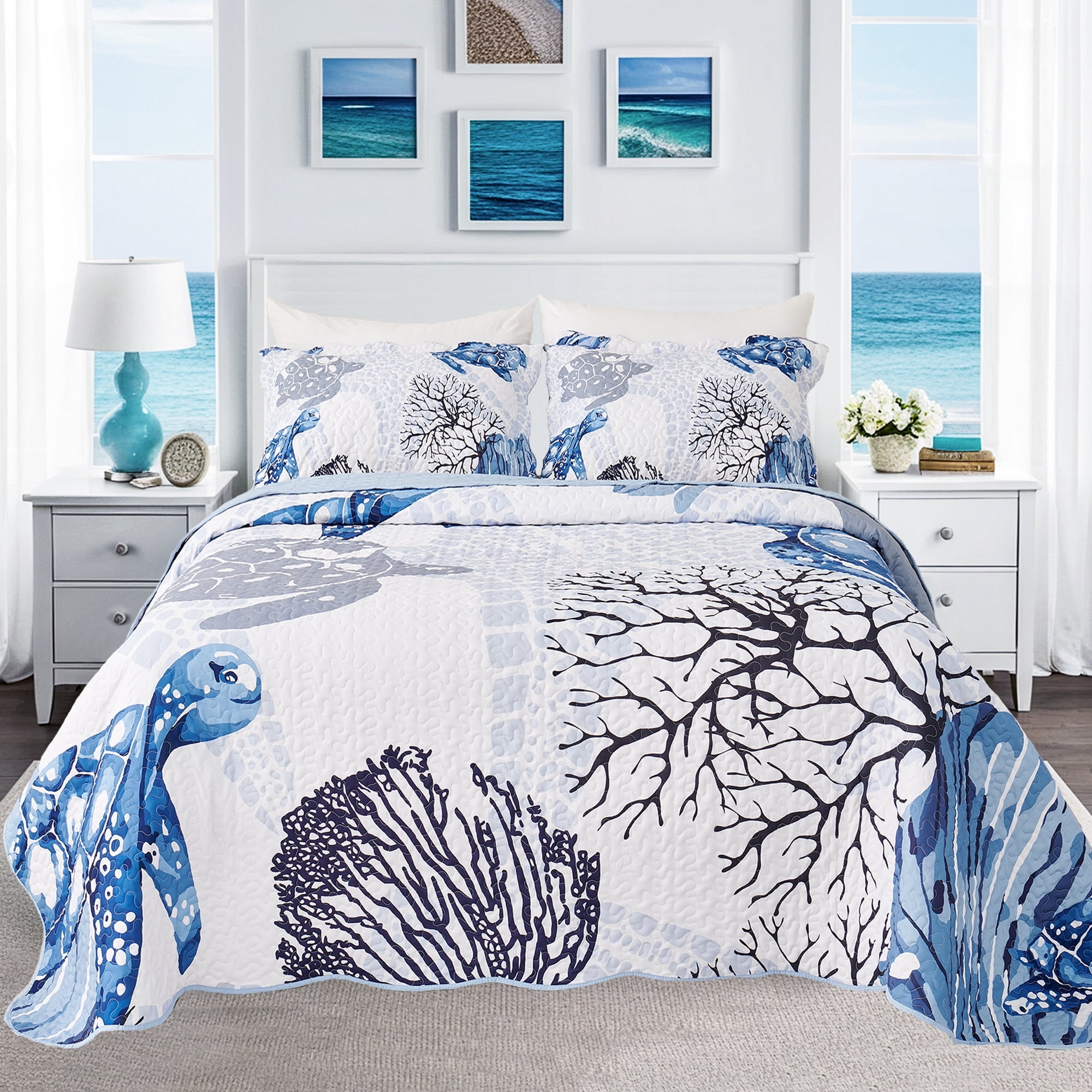 Evenhug Quilts 3-Piece King Coastal Bedding Set Dark Blue Ocean Pattern Quilt Set With Shams