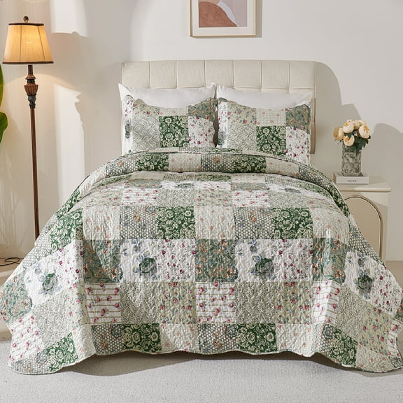 Evenhug Quilts 3-Piece King Bedding Set Green Patchwork Floral Quilt Set With Shams