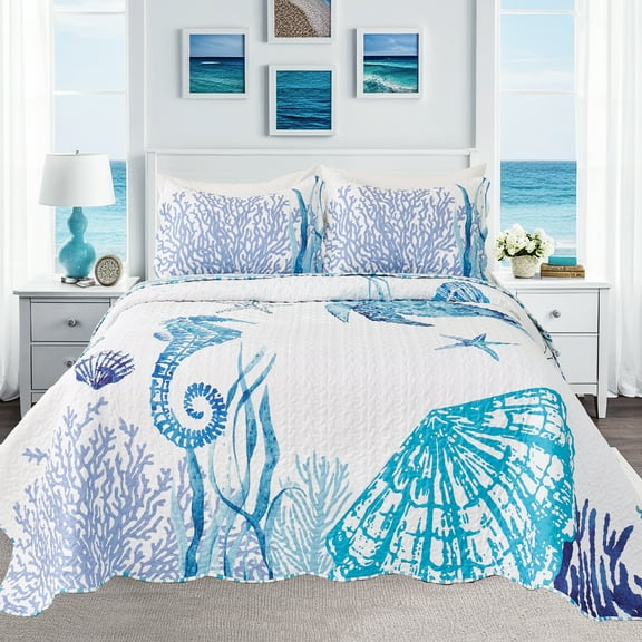 Evenhug Quilts 3-Piece King Bedding Set Coastal Animal Print Light Blue Coastal Quilt Set With Shams