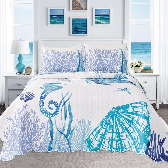 Evenhug Quilts 3-Piece King Bedding Set Coastal Animal Print Light Blue Coastal Quilt Set With Shams