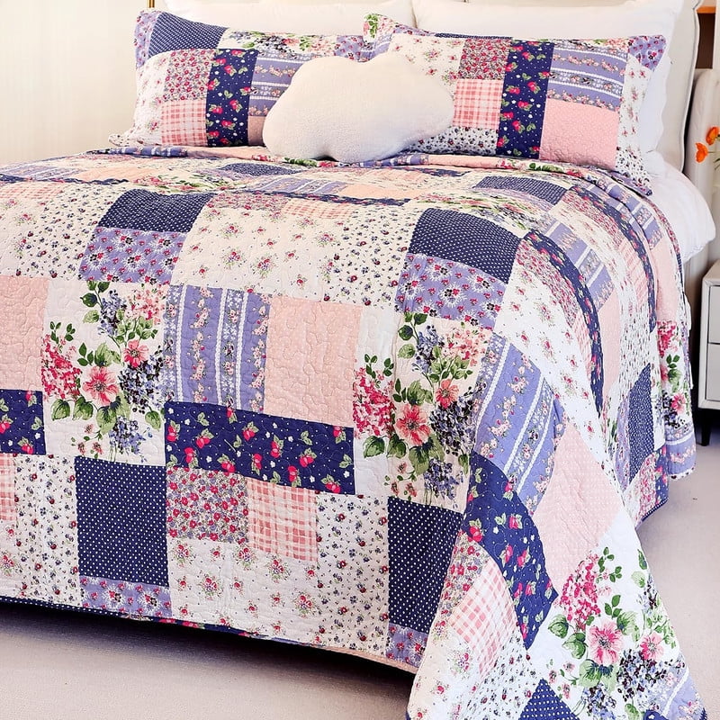 King Size Purple Floral Cotton Reversible Bedspread Set