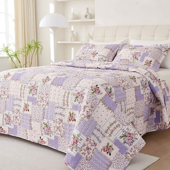 Evenhug Quilts 3-Piece Purple Streaks Patchwork Floral Queen Quilt Set With Shams