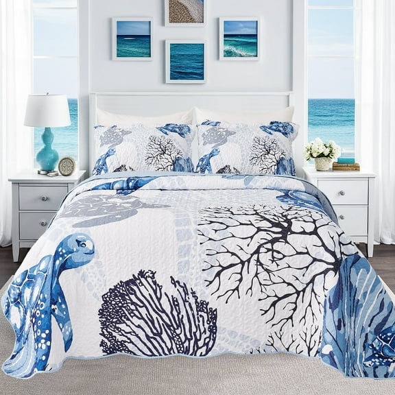 Evenhug Quilts 3-Piece Queen Coastal Bedding Set Dark Blue Ocean Pattern Quilt Set With Shams