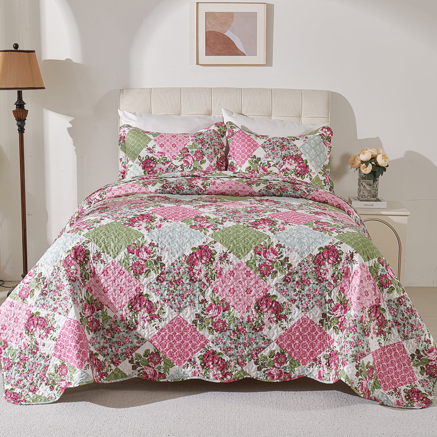 Evenhug Quilts 3-Piece Queen Bedding Set Pink Patchwork Floral Quilt Set With Shams
