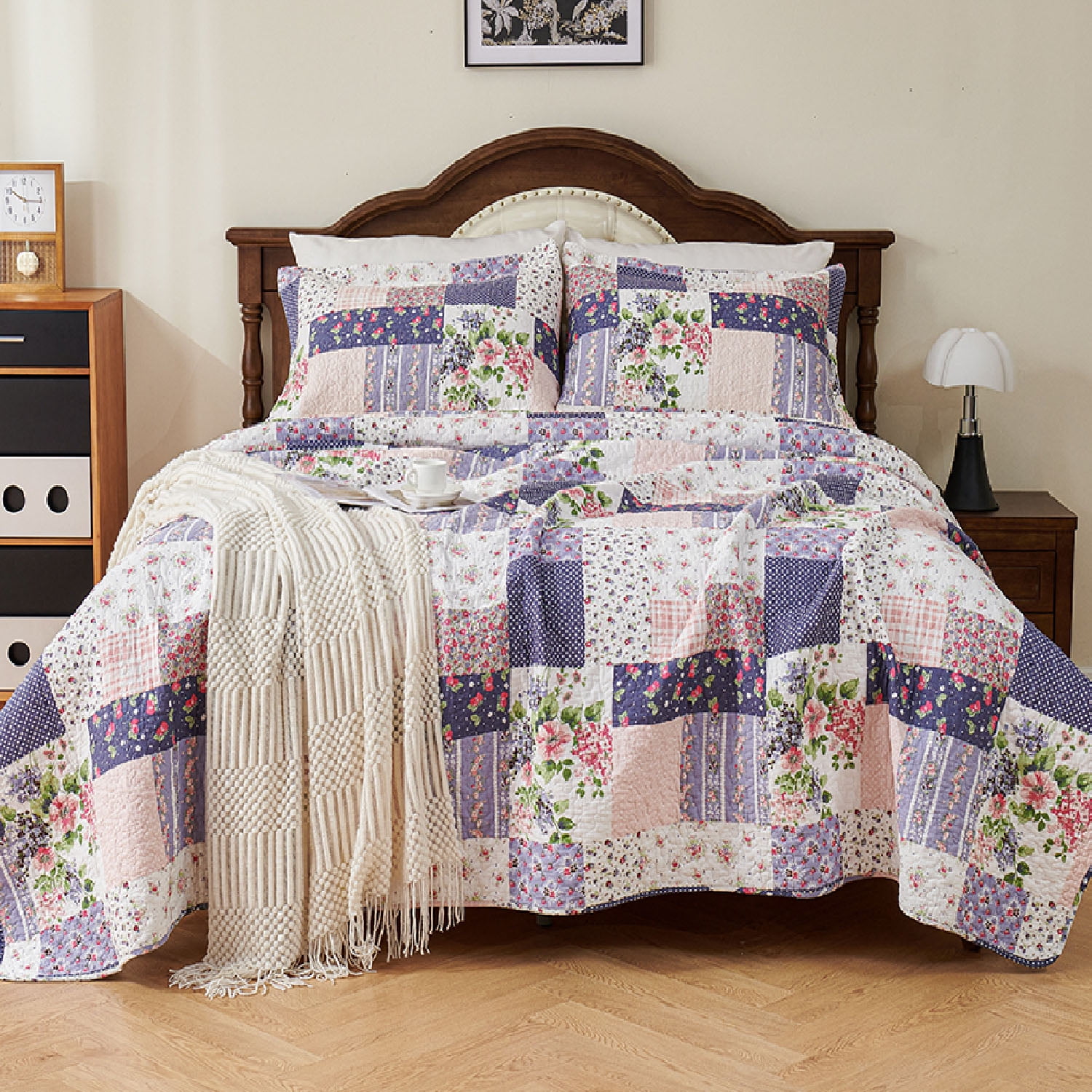 King Size Purple Floral Cotton Reversible Bedspread Set